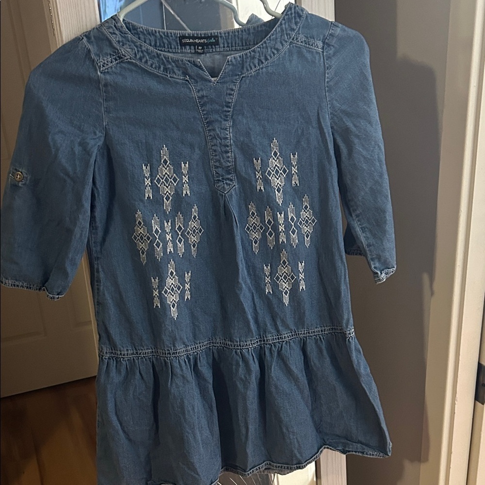 Sequin Hearts Blue Embroidered Kids Dress